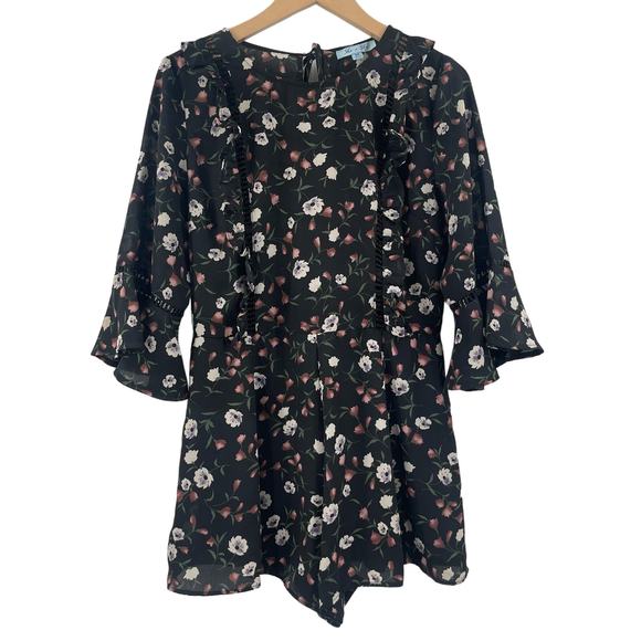 SHE + SKY Romper Size Medium Floral Black Ruffle Long Sleeve Open Back Garden - Picture 1 of 14